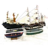 Selection 3 model boats with stands, HMS Beagle, Tug, approximate measurements of largest: 14 x 17