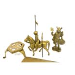 3 Pieces of heavy brassware includes Knight on a horse, horse and cart , door stop etc