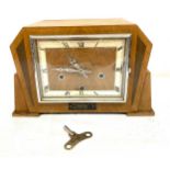 Wooden art deco style mantel clock, untested with key, approximate measurements: Height 9 inches,