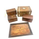 4 Vintage wooden boxes and a vintage tray includes tea caddys, writing box etc