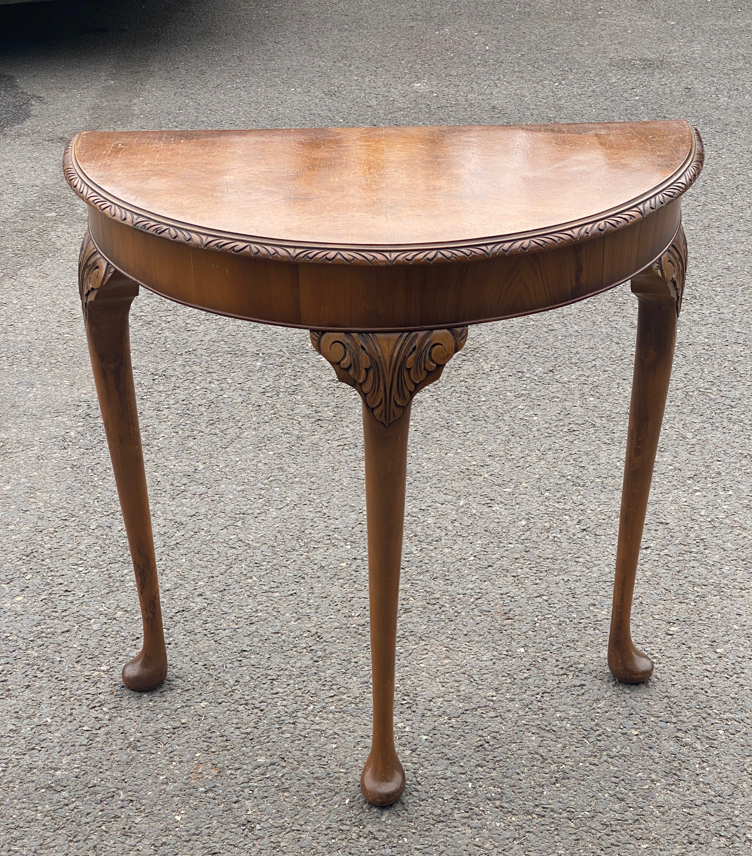 Vintage walnut queen anne style half moon hall table, approximate height: 29 inches, Width 29 - Image 2 of 3