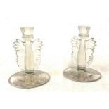 Pair glass candlesticks, depicting owl faces, small chip to one of the candlesticks