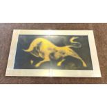 Signed mirrored framed picture depicting a Golden Bull, approximate frame measurements: Width 45.5