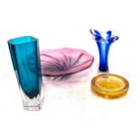 Selection of coloured glassware to include vases etc