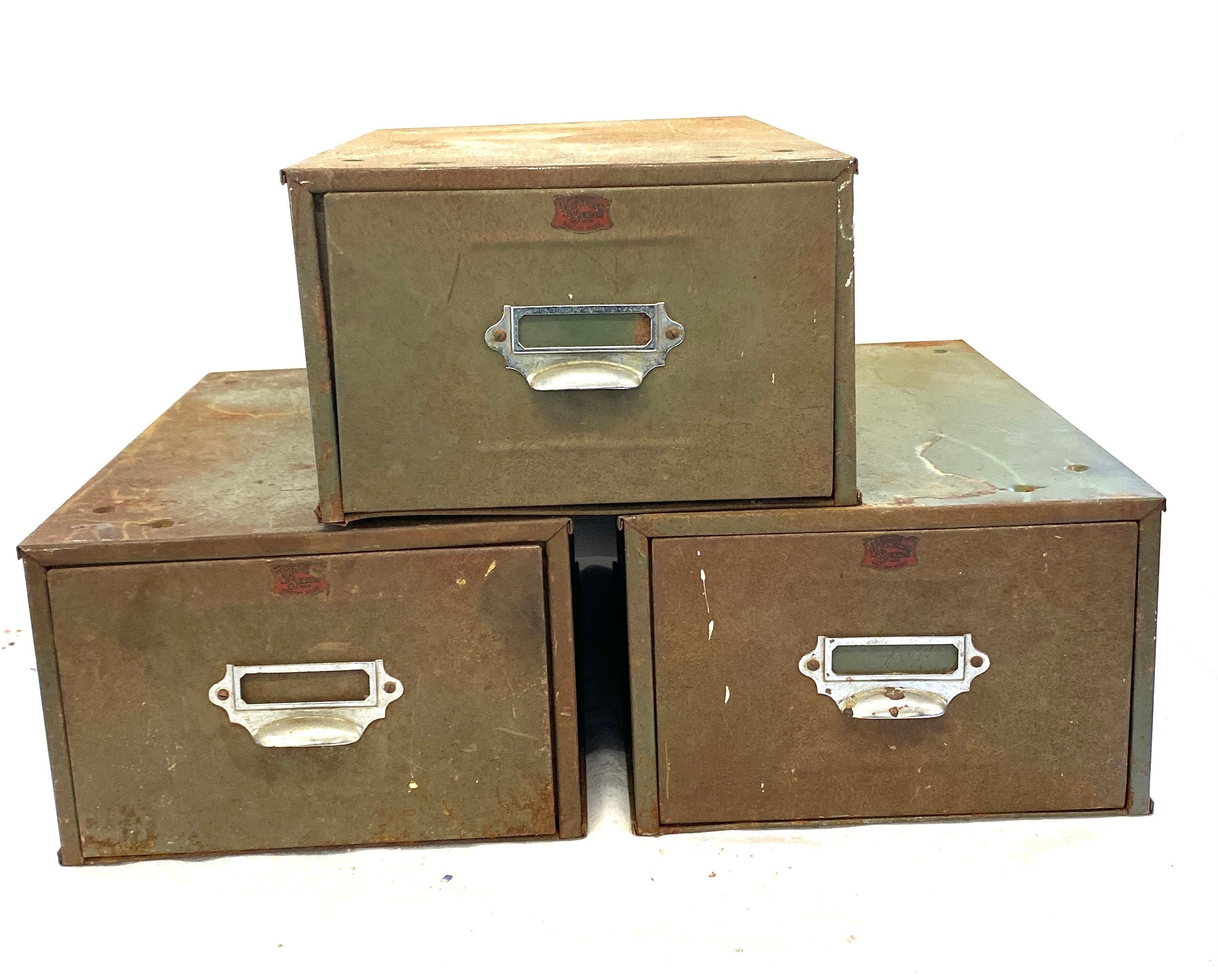 3 Veteren Metal industrial index drawers, approximate measurement of each draw: Height 7 inches,