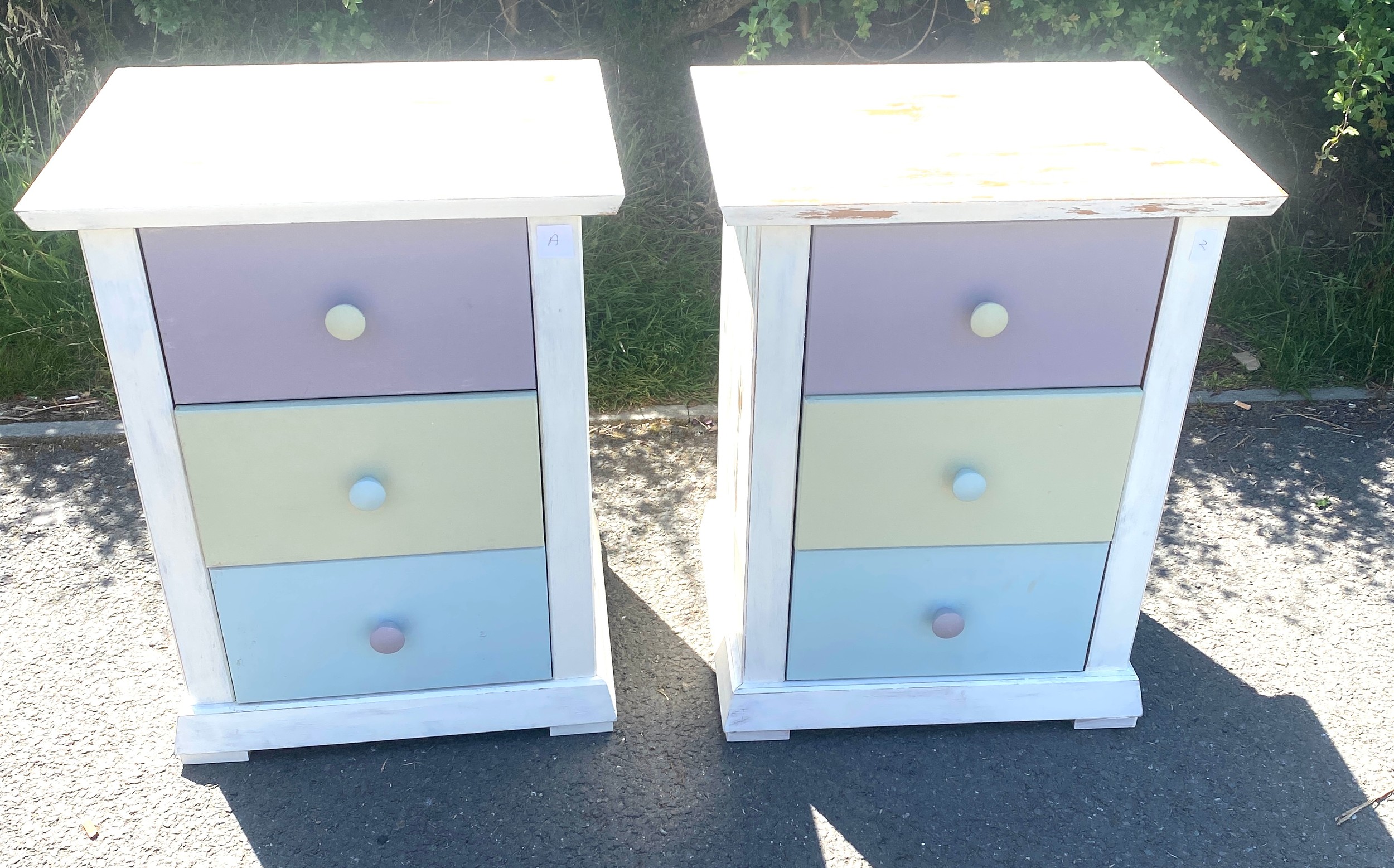 2 Matching painted 3 drawer bedsides, approximate measurements of each: Height 29 inches, Width 23