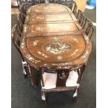 fine quality large Chinese oriental mother of pearl dining table and 8 chairs, some pieces of mop