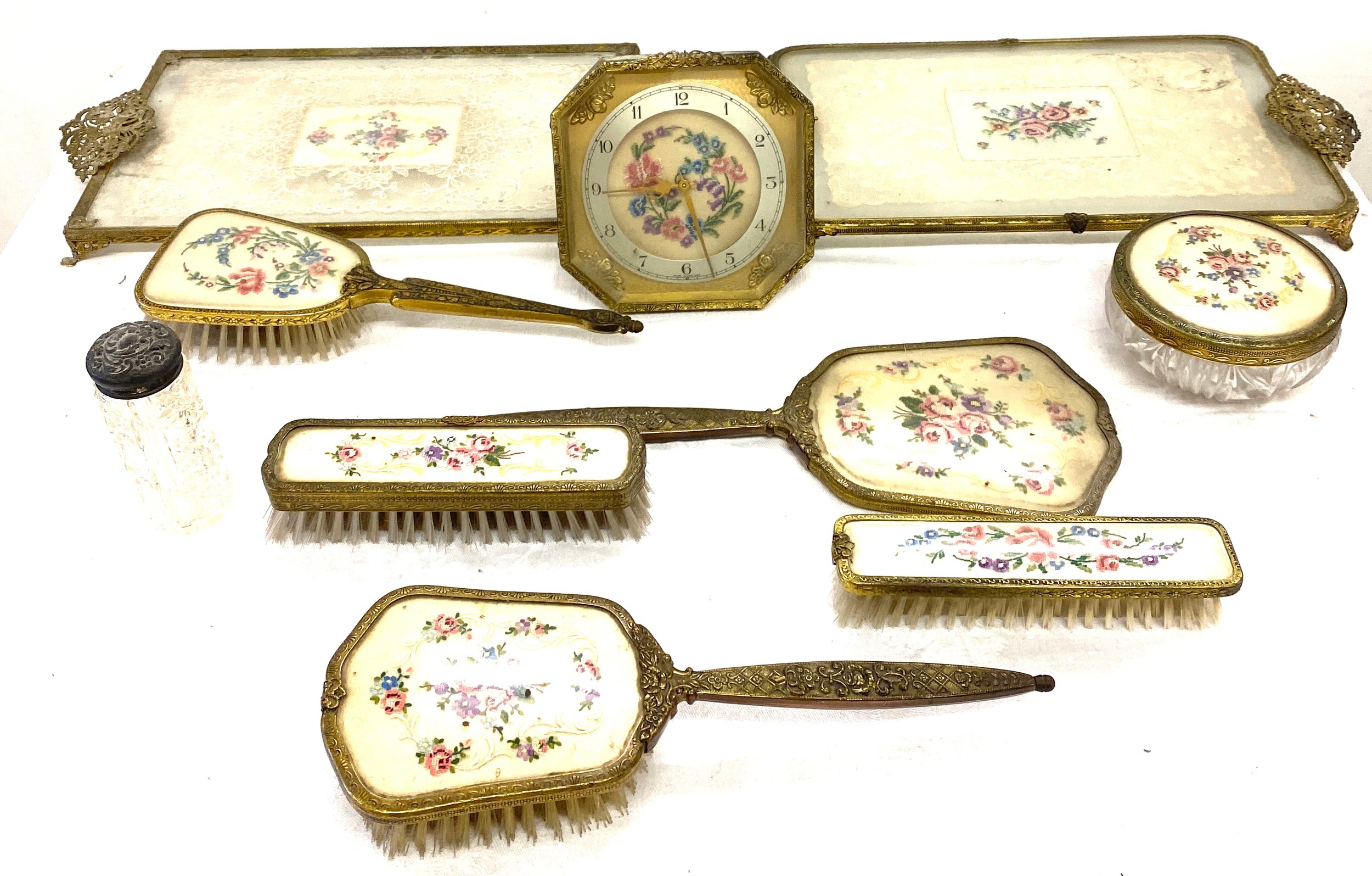 Vintage dressing table set with clock, brushes, tray etc