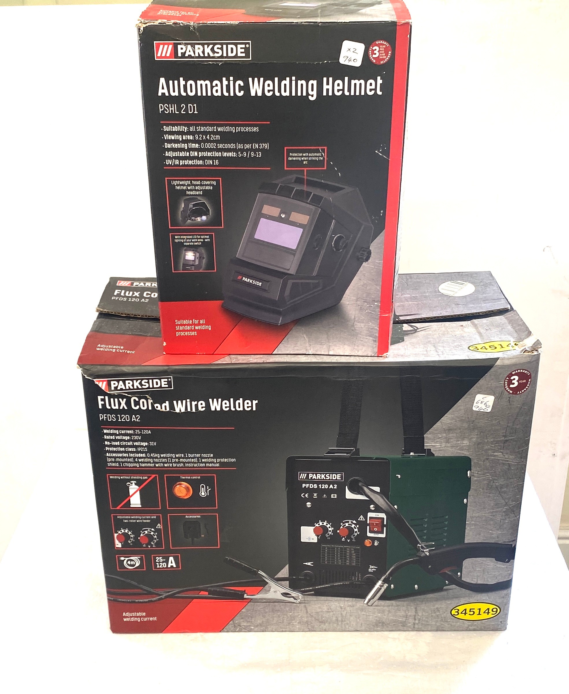 Parkside Flux Cored wired Welder, Parkside automatic welding helmet, both new in boxes