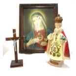 Religious framed picture, crucifix and mother of gold ornament