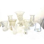 Large selection of assorted glass ware includes vases etc