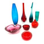 8 Pieces of vintage coloured art glass includes vases, bowls etc tallest measures 12 inches