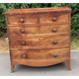 Two over three bow fronted mohongany chest of draws bracket feet measures approx 41.5 inches height,