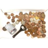 Large selection of miscellaneous coins, lighter and Corona bottle opener etc