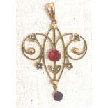 9ct gold art deco pendant, seed pearl and stone set total weight approx 1.9 grams measures 5cm by