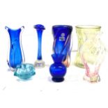 Selection of coloured/ art glass includes vases, candle holder etc tallest measures 8 inches