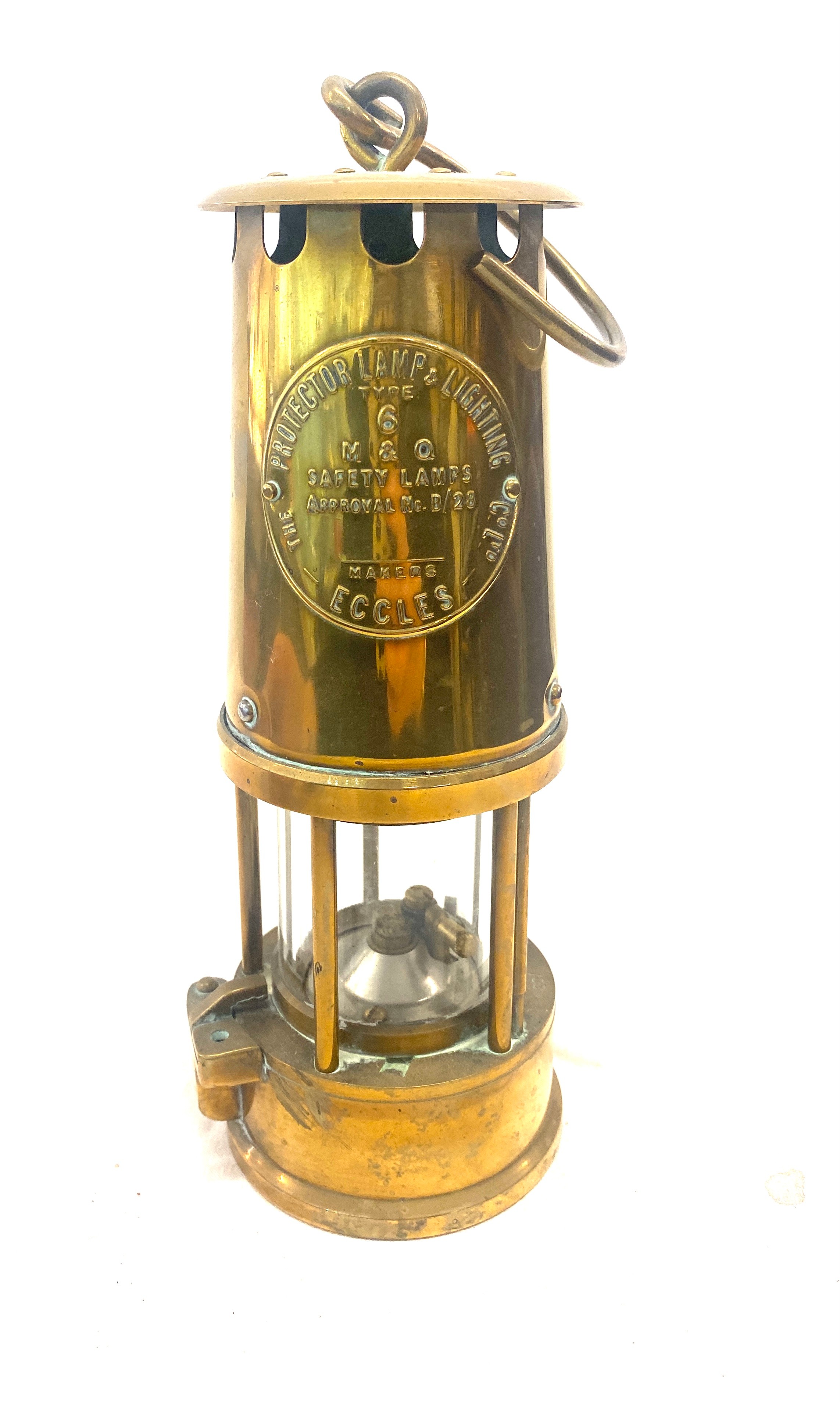 Brass miners lamp, Maker Eccles, overall height: 10 inches