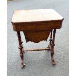 Walnut inlaid sewing table on casters, A Sherrard of Leicester, leg needs repair, measures approx 28