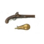 Vintage pistol and brass powder flask