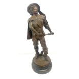 Signed Spelter figure on wooden base, base in need of repair, overall height: 20 inches