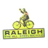 Raleigh all steel bicycle metal enamel sign measures approx 20 inches tall 27.5inches wide