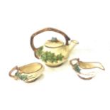 McCoy ivy-leaf ceramic tea set; 1940's tea pot with lid, creamer, sugar. Mid-century MCM decorative