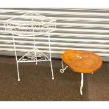 Metal corner plant stand and a wrought iron wooden topped foot stool