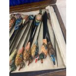 Selection of duck letter openers decorative ducks on handles, all in wooden box