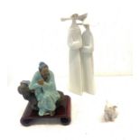 Lladro double lady figure, Lladro pig figure and a oriental figure