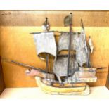 Carved wooden ship galleon figure measures approx 20 inches tall by 25 inches wide