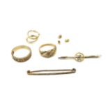 Selection of 9ct items to include 2 rings, earrings, bar brooches etc, total approximate weight 10.4