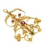 Large antique Edwardian unmarked 9ct gold seed pearl and garnet pendant, 3.8grams size 4.5cm by 3.