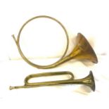 Military brass horn stamped Mayers Harrison Limited 1964, plus one other