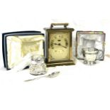 Metamec carriage clock, cased egg and spoon set and a cased christening mug