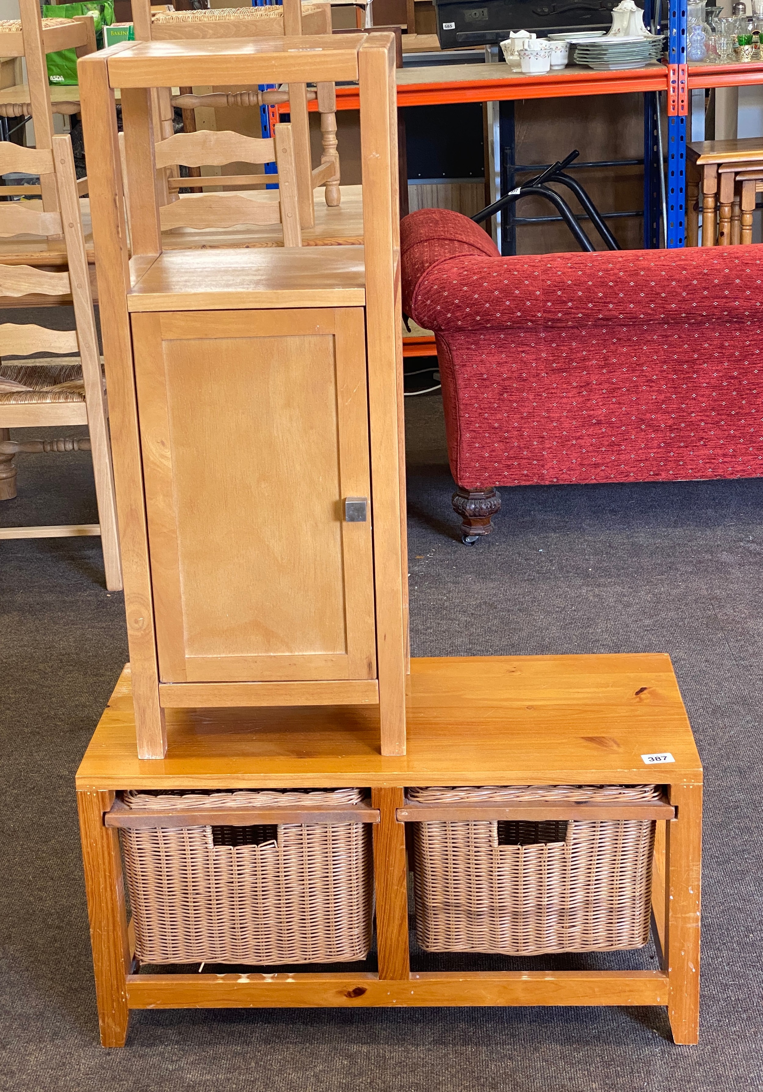 Beech and wicker two drawer coffee table measures approx 31 wide, 15 inches depth and 16 inches