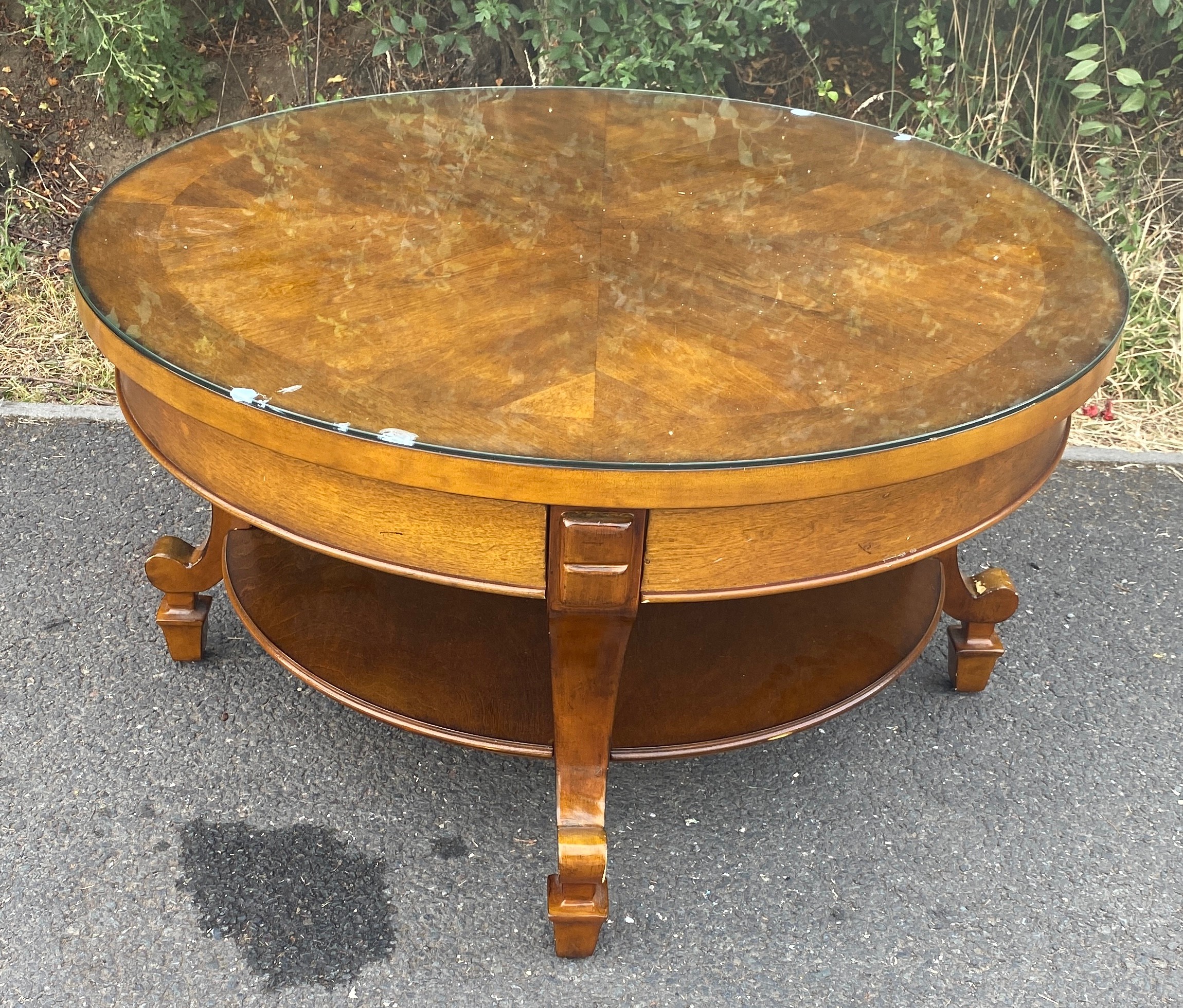 Circular wooden coffee table with glass cover, diameter 36 inches, Height 19 inches