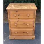 Pine small 3 drawer chest, approximate measurements 30 inches high by 23.5 width