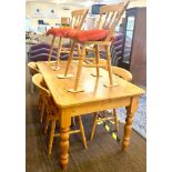 Pine 1 Drawer farmhouse table and 6 chairs, height of table 30 inches, Length 60 inches, Width 35.