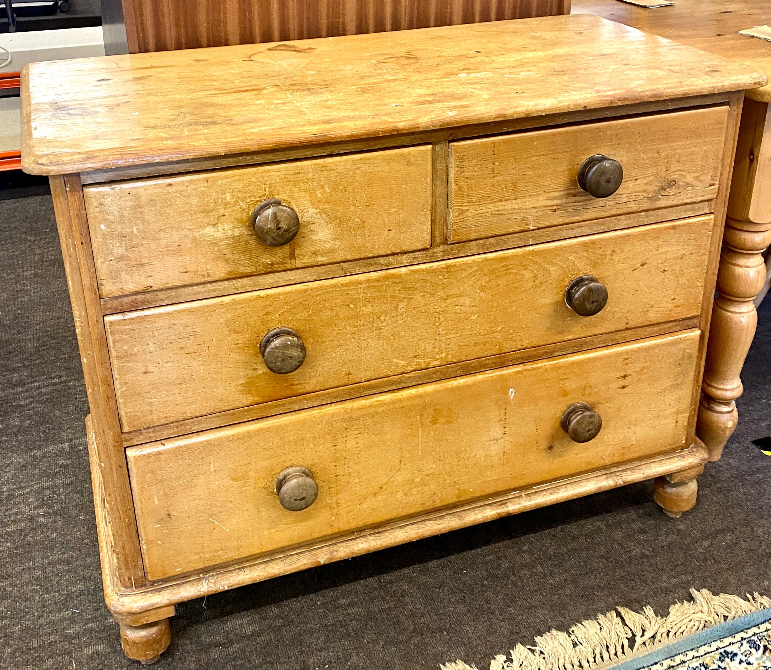 Antique pine 2 over 2 chest of drawers, loose leg, approximate measurements: 32 inches height, Width