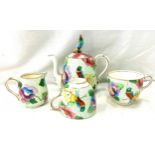 Small Vintage Crown Staffordshire Blossom-time teapot, 2 cups, small milk jug, one cup is cracked as