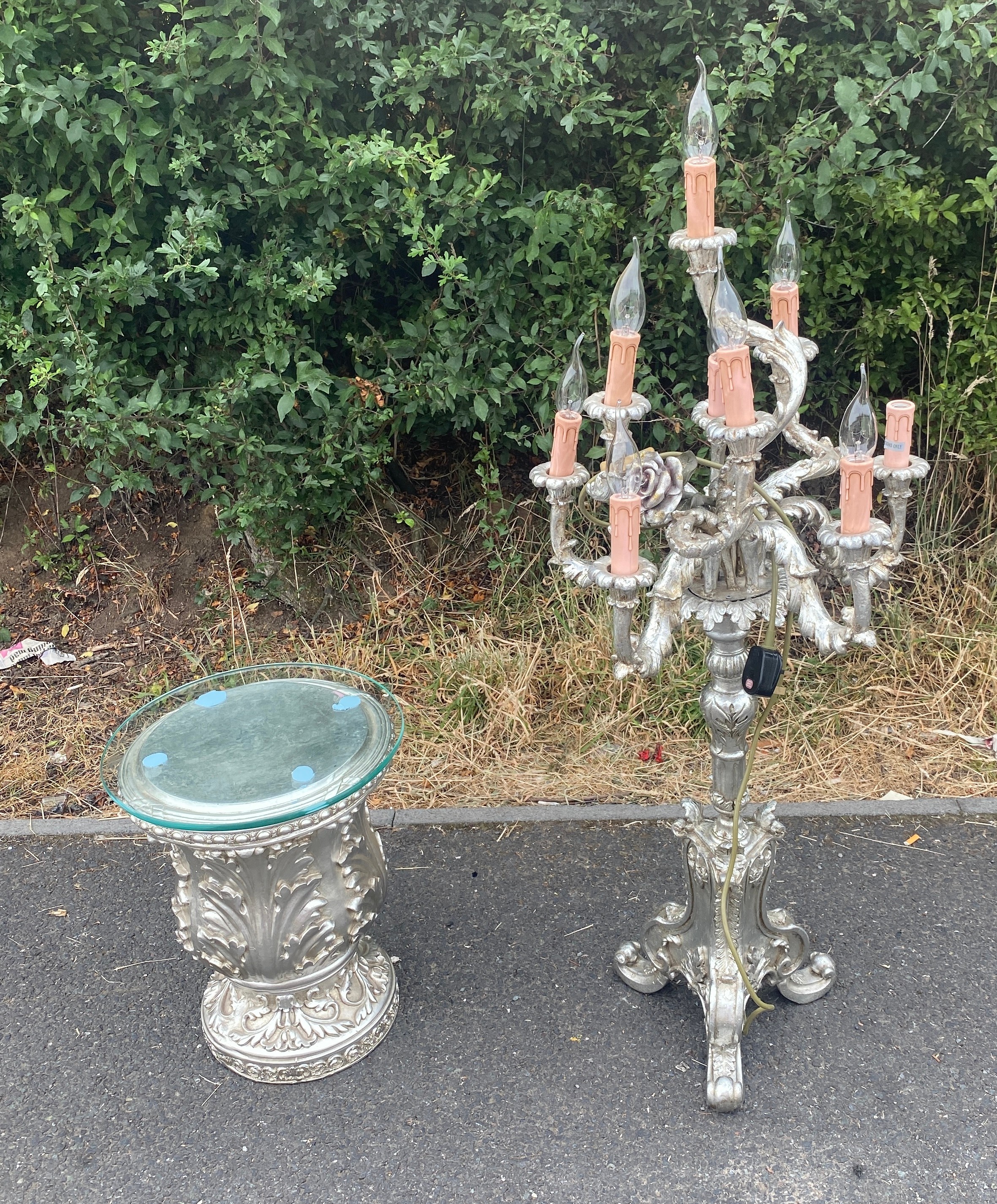 Silver coloured tall candelabra and glass topped side table, untested, approximate height of - Image 2 of 6