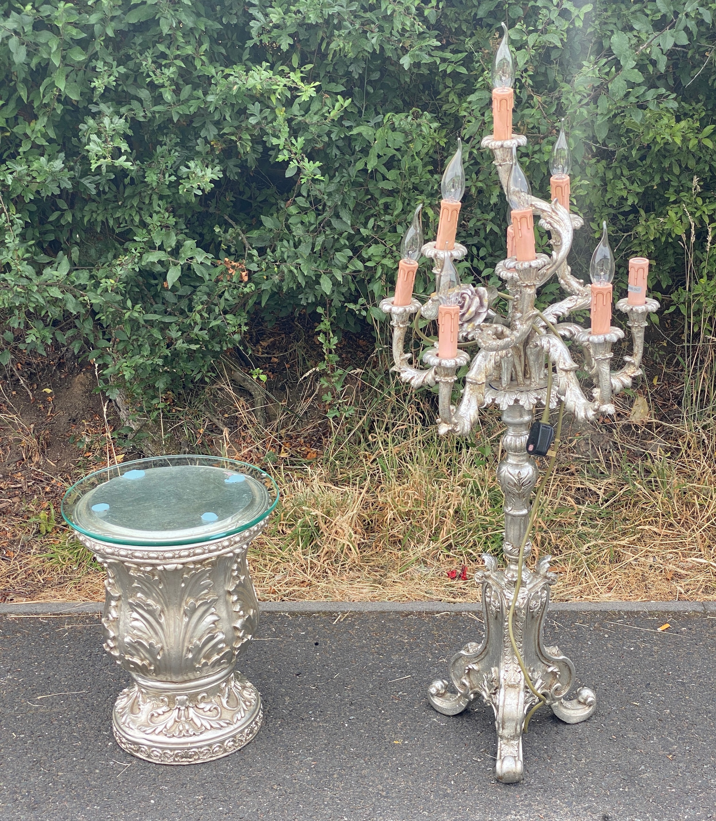 Silver coloured tall candelabra and glass topped side table, untested, approximate height of - Image 4 of 6