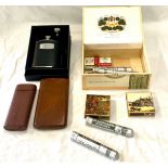 Hip flask, cigars, cigar cases