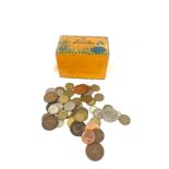 Vintage wooden money box with coins includes crowns etc