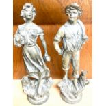 2 Spelter figures, male figure has broken arm, height 13 inches