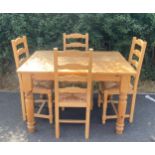 Pine scrub top table and 4 pine chairs, approximate measurements of table: Height 31 inches,