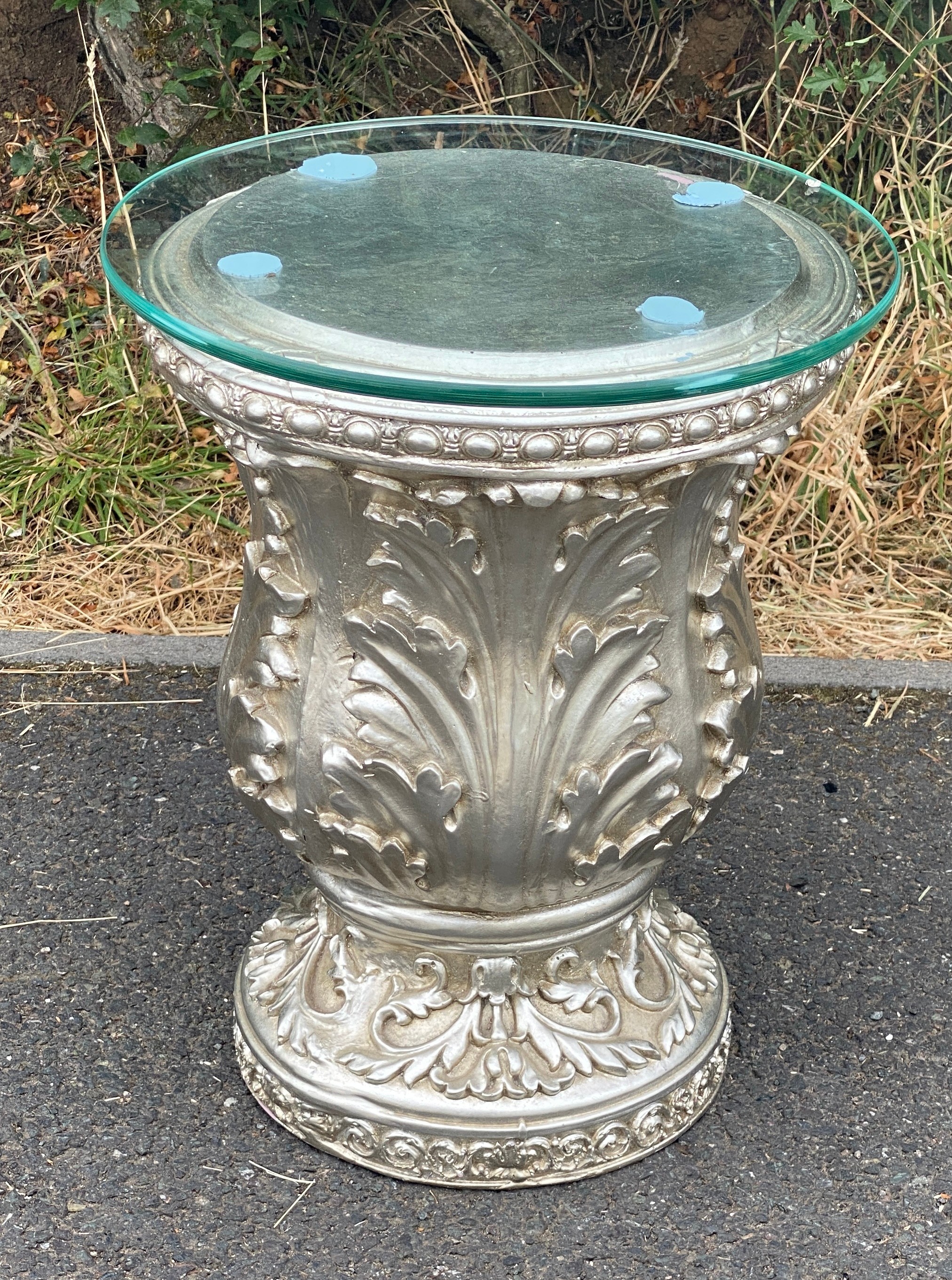 Silver coloured tall candelabra and glass topped side table, untested, approximate height of - Image 5 of 6
