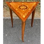 Vintage inlaid triangle Swiis musical movement table, approximate overall 18 inches