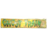 Vintage Wooden Ghost train fair sign, approximate measurements: Length 39 inches, Height 7.5 inches