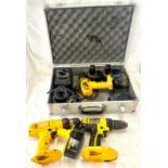 3 Dewalt drills, 5 batteries and 2 chargers, all with metal case